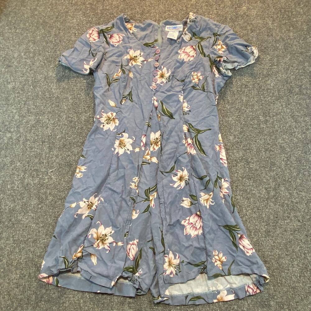 Vintage 90s Westport Ltd. Floral Romper Blue Flutter Sleeve Ruffled Hem Women 10